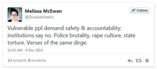 tweet authored by me reading: 'Vulnerable ppl demand safety & accountability; institutions say no. Police brutality, rape culture, state torture. Verses of the same dirge.'
