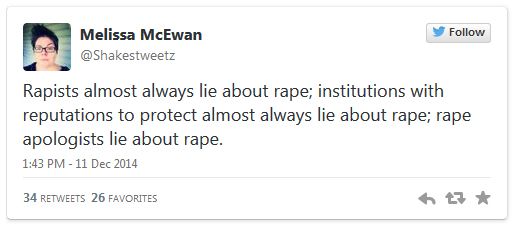screen cap of tweet authored by me reading: 'Rapists almost always lie about rape; institutions with reputations to protect almost always lie about rape; rape apologists lie about rape.'