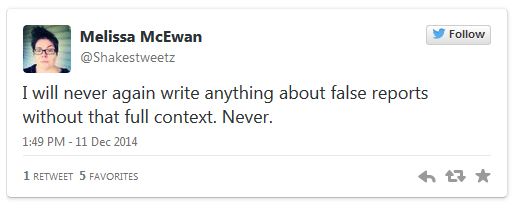screen cap of tweet authored by me reading: 'I will never again write anything about false reports without that full context. Never.'