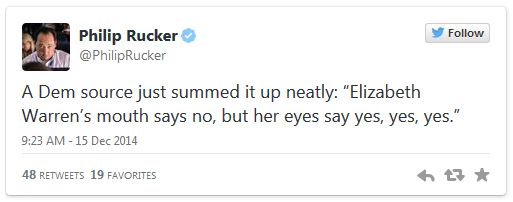 screen cap of a tweet authored by Philip Rucker reading: A Dem source just summed it up neatly: 'Elizabeth Warren's mouth says no, but her eyes say yes, yes, yes.'