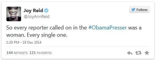 screen cap of tweet authored by Joy Reid reading: 'So every reporter called on in the #ObamaPresser was a woman. Every single one.'