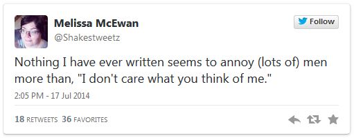 screen cap of a tweet authored by me reading: 'Nothing I have ever written seems to annoy (lots of) men more than, 'I don't care what you think of me.''