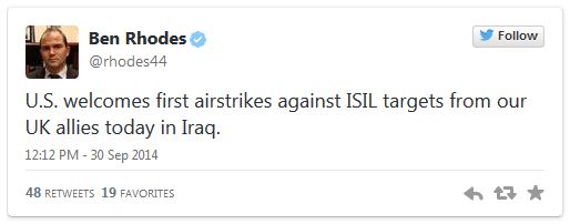 screen cap of tweet authored by Rhodes reading: 'U.S. welcomes first airstrikes against ISIL targets from our UK allies today in Iraq.'