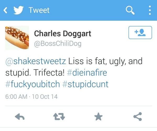 screen cap of a tweet authored by Charles Doggart aka @BossChiliDog, reading: '@shakestweetz Liss is fat, ugly, and stupid. Trifecta! #dieinafire #fuckyoubitch #stupidcunt'