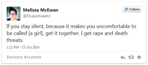 screen cap of tweet authored by me reading: 'If you stay silent, because it makes you uncomfortable to be called [a girl], get it together. I get rape and death threats.'