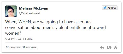 screen cap of tweet authored by me reading: 'When, WHEN, are we going to have a serious conversation about men's violent entitlement toward women?'