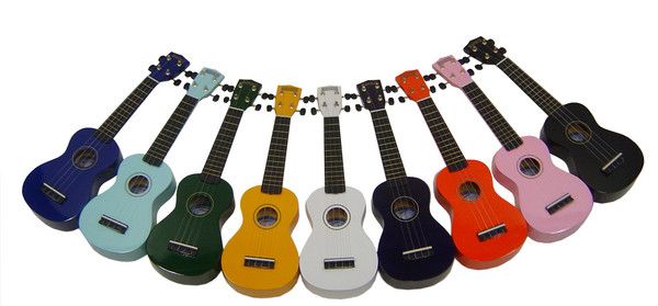 image of a multicolored collection of ukeleles