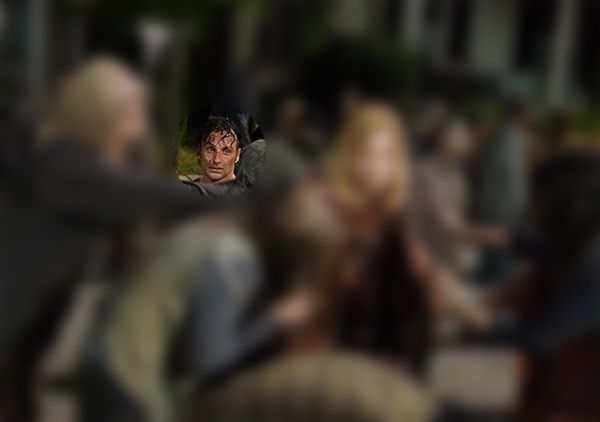 screen cap from The Walking Dead in which I've blurred out all the mayhem onscreen except for one circle of focus on Rick Grimes' tiny, horrified face