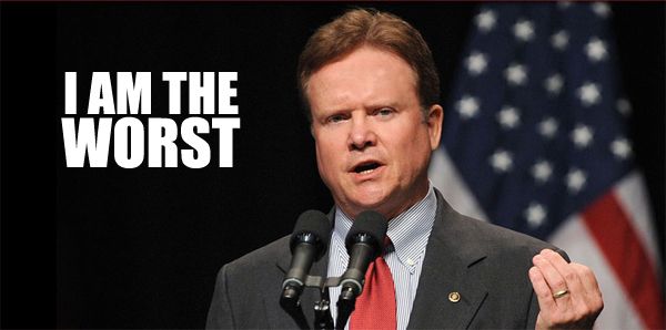 image of Jim Webb, standing next to a US flag, speaking, to which I've added text reading: 'I am the WORST'