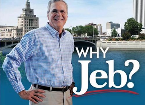 image of a mailer sent out by a Jeb Bush PAC, featuring Jeb Bush standing with his hands on his hips; one of his hands appears to be black. Text on the mailer reads: WHY JEB?