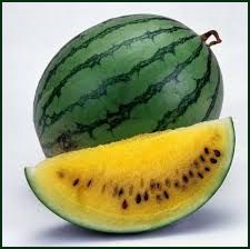 image of a fruit that looks very much like a watermelon, but is yellow instead of pink on the inside