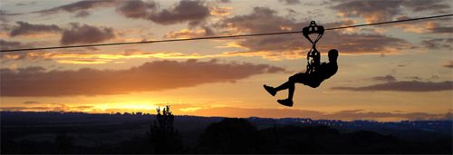 image of a person on a zipline in silhouette against a sky gold from the setting sun