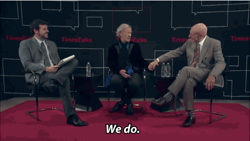 moving image of the two men holding hands, and McKellen saying, 'We do.'