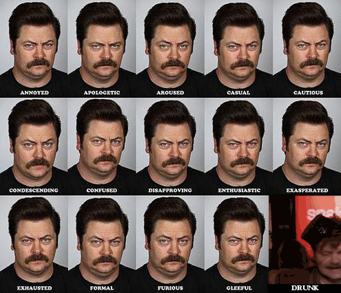 an image of the many faces of Ron Swanson, in which all the expressions are virtually the same, with the last panel being a reprise of the drunken tiny-hat dancing
