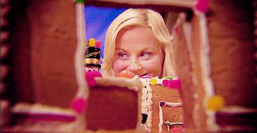 a gif of Leslie Knope looking through the window of the gingerbread office her coworkers made her for Christmas