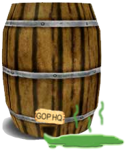 graphic of a barrel with green slime oozing out the bottom of it, which I have labeled 'GOP HQ'