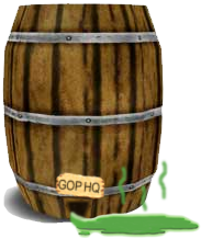 image of a barrel with a hole in the bottom out of which is oozing green stinky slime; the hole is labeled GOP HQ