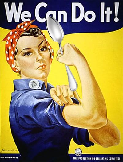 Rosie the Riveter wielding a giant teaspoon.
