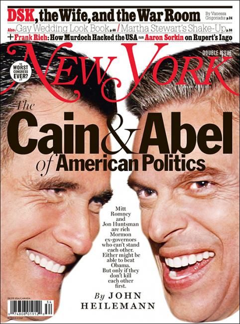 cover of New York magazine featuring Mitt Romney and Jon Hunstman, casting them as 'the Cain and Abel of American politics