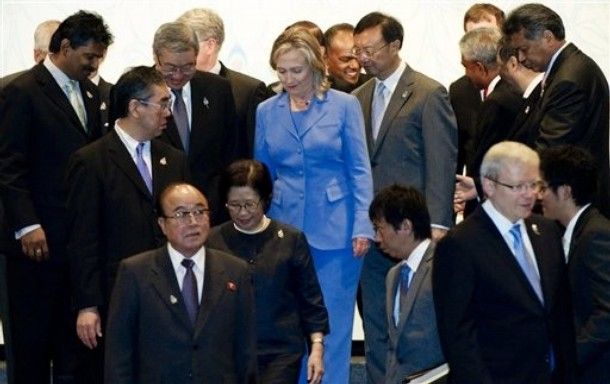 AP Photo: U.S. Secretary of State Hillary Rodham Clinton and other foreign ministers and officials leave from a group photo session prior to the start of ASEAN Regional Forum in Nusa Dua, Bali, Indonesia, Saturday, July 23, 2011.