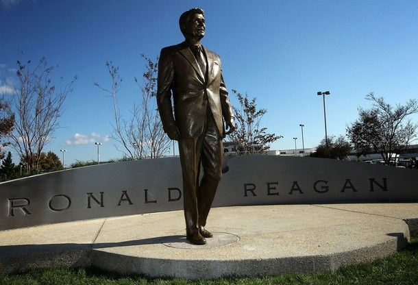 image of a newly-unveiled 9-foot bronze Ronald Reagan statue at Ronald Reagan airport in DC