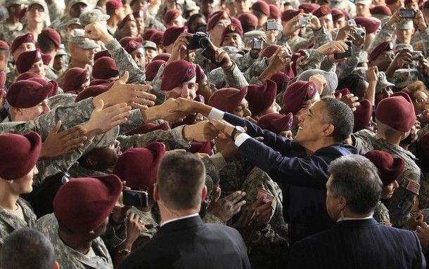 image of President Obama shaking hands with troops at Fort Bragg