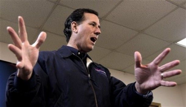 image of Rick Santorum with his hands splayed and mouth open