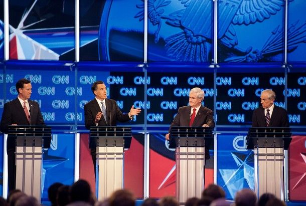 Republican presidential hopefuls, former senator Rick Santorum (L), former Massachusetts governor Mitt Romney (2nd-L), former House Speaker Newt Gingrich (2nd-R) and Texas Rep. Ron Paul (R) participate in the CNN Southern Republican Leadership Conference Town Hall Debate in Charleston, South Carolina, January 19, 2012, in advance of this weekend's January 21, 2012 Republican presidential primary. [Getty Images]