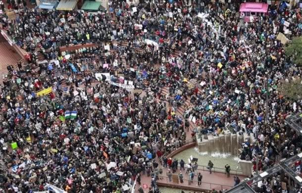 aerial view of protest in Portland, Oregon
