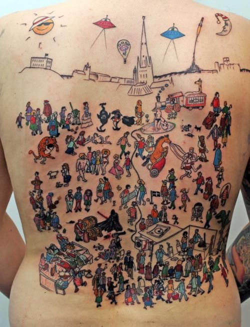 image of full-back tattoo which is a 'Where's Waldo?' scene