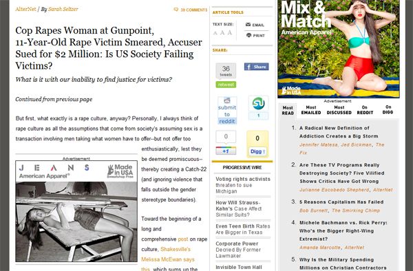 screen cap of page with headline, subhead, and article copy defining rape culture along with two ads for American Apparel, one in which a thin white girl who appears to be very young is modeling a two-piece bathing suit, and one in which a thin white girl who appears to be very young is lying on her back in a sexualized position, looking at the camera