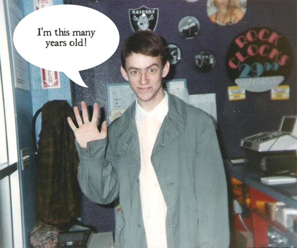 image photoshopped to contain dialogue bubble reading 'I'm this many years old!' just above Deeky's raised hand, making it look like he is 'five'.