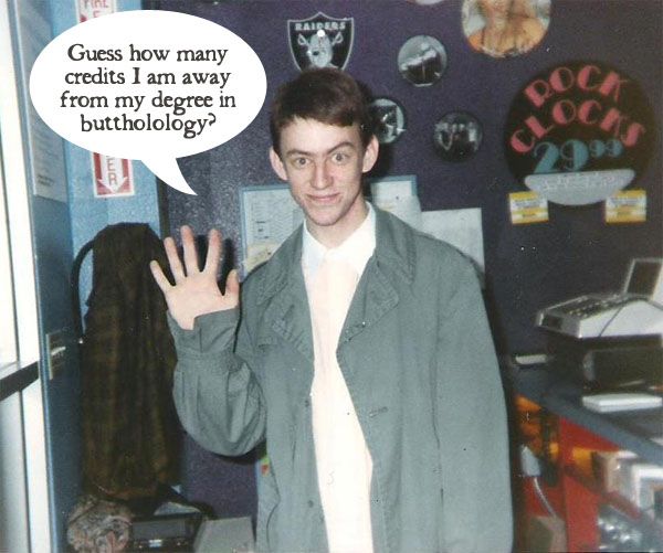 image photoshopped to contain dialogue bubble reading 'Guess how many credits I am away from my degree in buttholology?' just above Deeky's raised hand, making it look like the answer is 'five'.