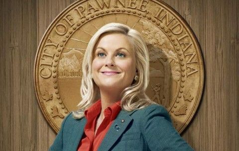 image of Amy Poehler as Leslie Knope, standing in front of the city of Pawnee seal