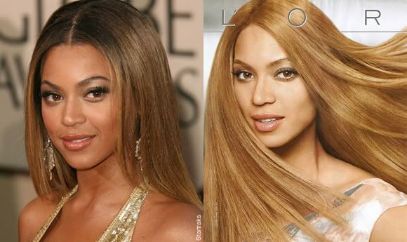 Beyoncé Knowles candid shot (L) and in L'Oréal Paris advert (R)