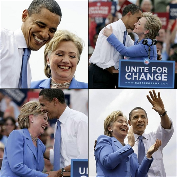 series of images of Clinton and Obama campaigning together in '08, smiling