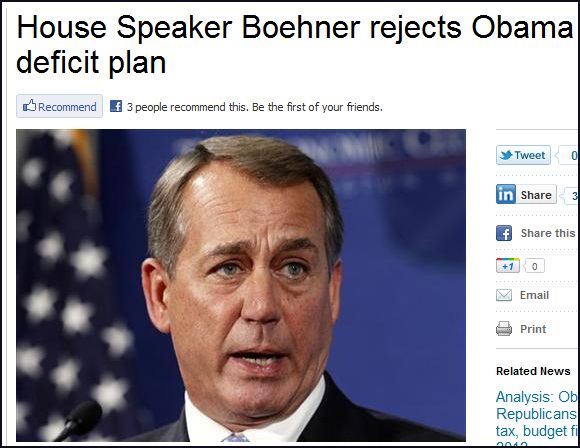 screencap of Reuters headline reading 'House Speaker Boehner rejects Obama deficit plan'