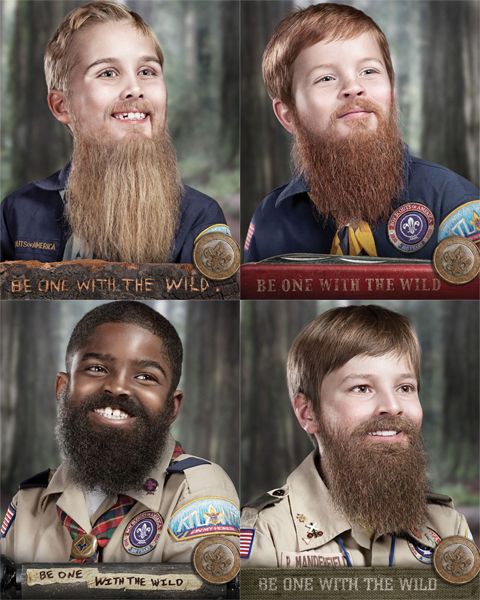 a series of four pictures, each featuring a young boy, three of whom are white and one of whom is black, wearing Boy Scout uniforms and sporting long bears; the pictures are each labeled 'Be One with the Wild'.