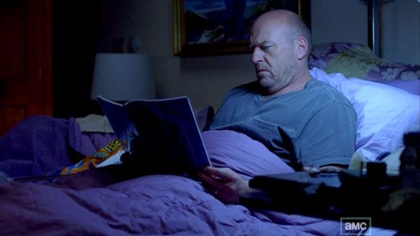 image of Hank sitting in bed reading Gale's notebook