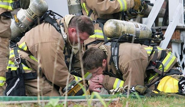 image of firefighter giving mouth-to-snout resuscitation to a Labrador retriever