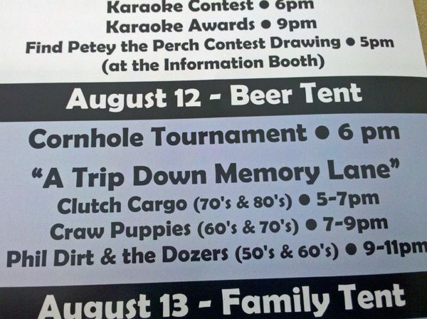 image of a program for a local festival advertising a 'Cornhole Tournament' at the Beer Tent