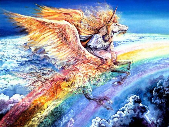 image of Deeky with long flowing hair riding on the back of a white pegasusicorn over a rainbow