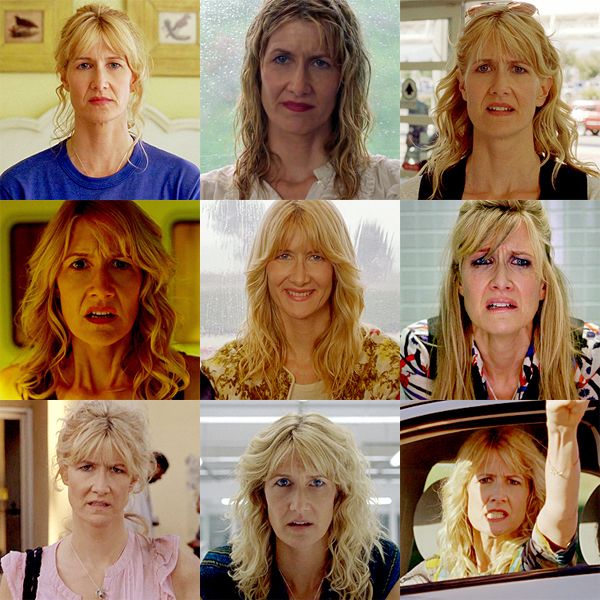 a series of 9 photos showing Laura Dern as Amy Jellicoe, filmed straight on