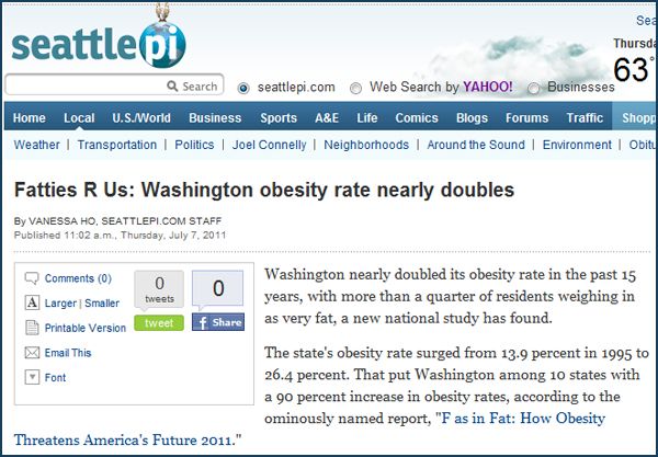 screen cap of a Seattle Post-Intelligencer story headlined 'Fatties R Us: Washington obesity rate nearly doubles'