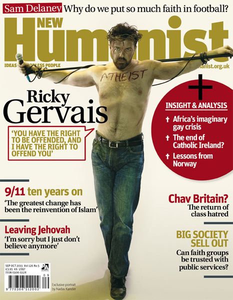 Ricky Gervais as sexy martyr on the cover of New Humanist magazine