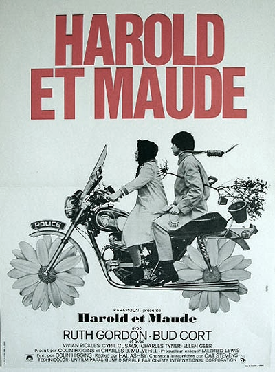 movie poster for Harold & Maude featuring the two titular characters on a motorbike, the wheels of which have been replaced with flowers