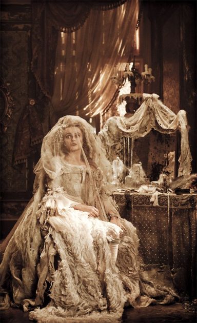 image of Helena Bonham Carter in costume on-set as Miss Havisham