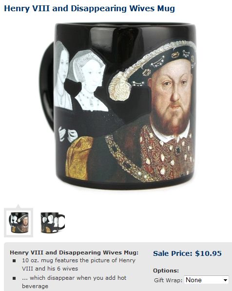 screen cap of coffee mug featuring images of King Henry VIII and his wives