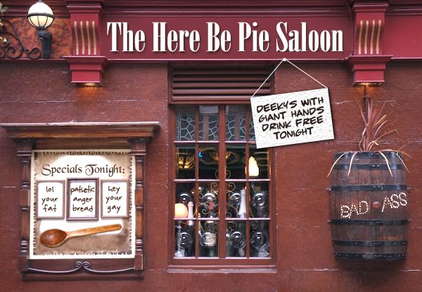 image of a pub photoshopped to be named 'The Here Be Pie Saloon'