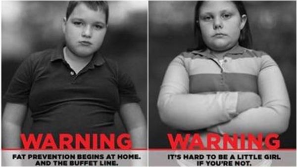 on the left, an image of a chubby white boy labeled 'Fat prevention begins at home. And the buffet line.'; on the right, an image of a chubby white girl labeled 'It's hard to be a little girl. If you're not.'